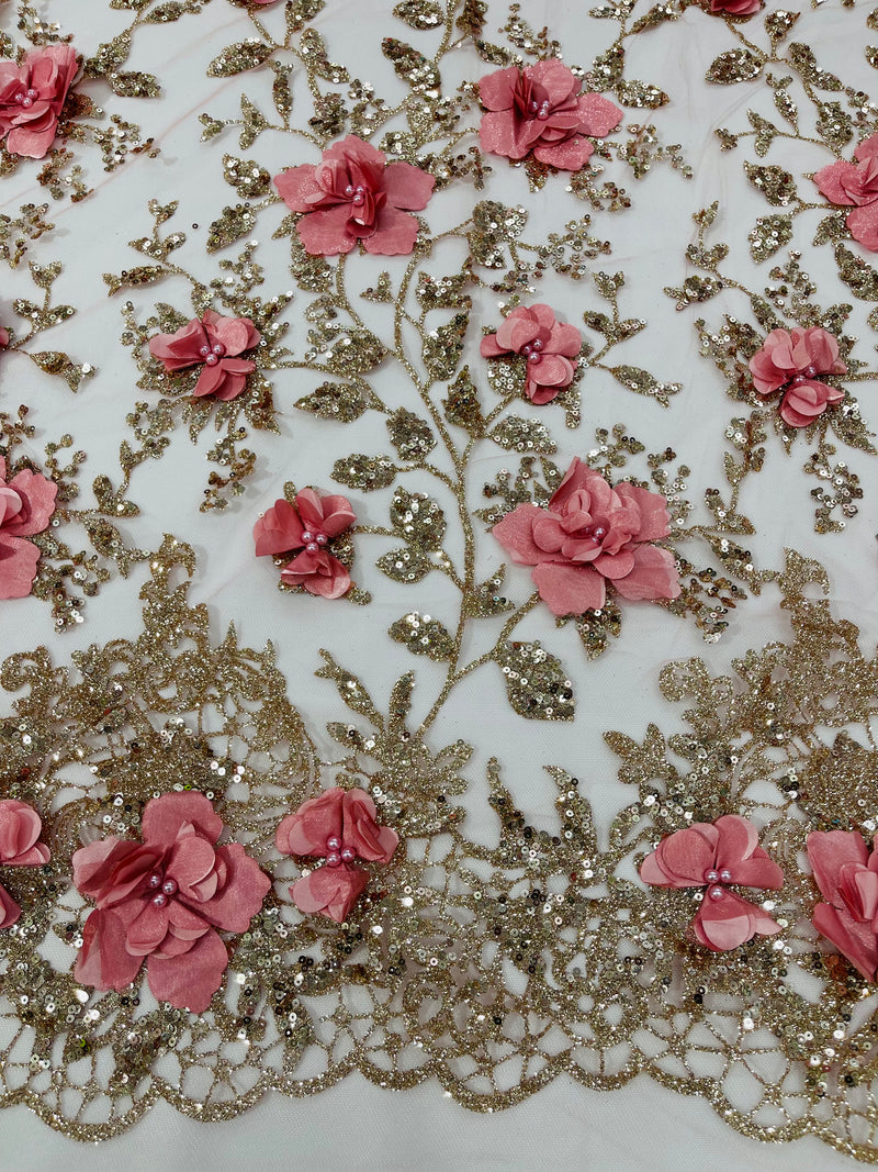 Big 3D Glitter Floral Fabric - Rose Gold - Glitter Sequin Flower Design on Lace Mesh Fabric by Yard