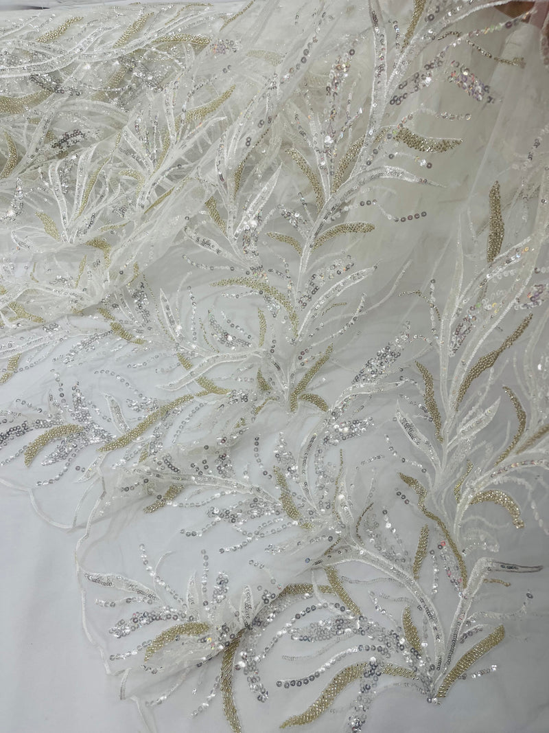 White Beads and Sequins Lace Fabric With Feathers by the yard, Fashion 3D Feather Lace Fabric With Beaded Fabric