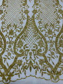 Gold Damask Design Glitter Fabric - Gold - Tulle Glitter Mesh Line Design Fabric Sold By Yard