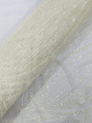 White Embroidery Beaded Fabric by Yard, Sequin on a Mesh with Floral Lace