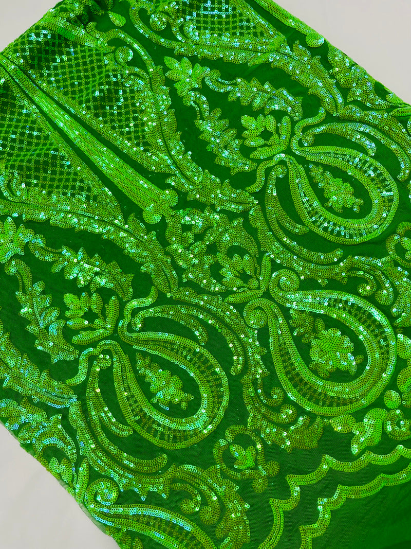 Iridescent Sequins Fabric - Damask Sequin Design on 4 Way Stretch Fabric By Yard