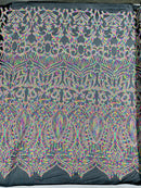 Multi Color Royalty Design Sequins Fabric on Black Mesh 4 Way Stretch Sequins Fabric By Yard