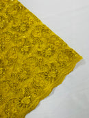 Corded Lace Flower Fabric - Yellow - Floral Design Embroidered Sequins on Mesh Lace Fabric
