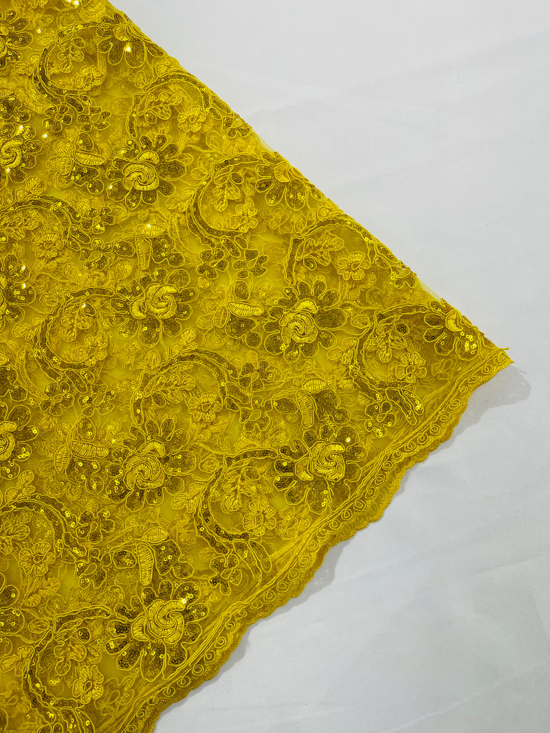 Corded Lace Flower Fabric - Yellow - Floral Design Embroidered Sequins on Mesh Lace Fabric