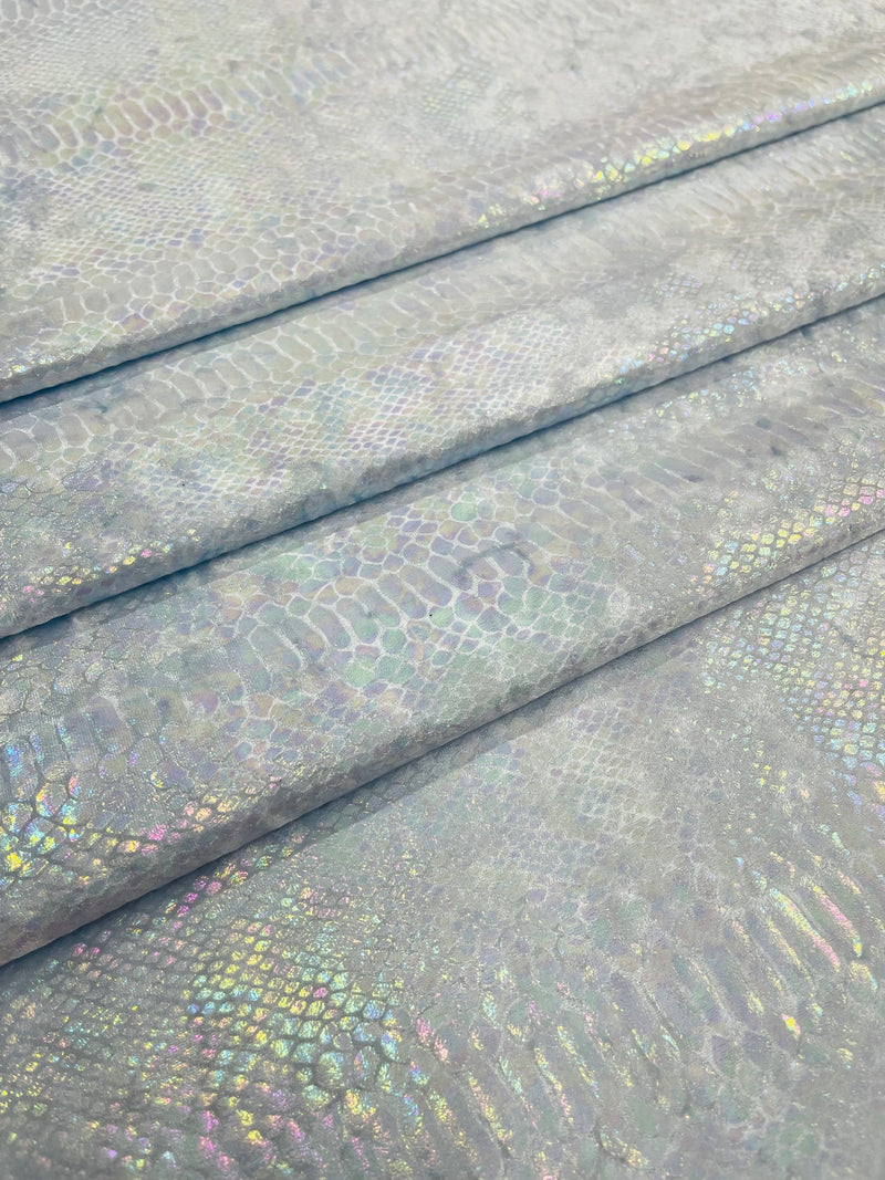 Baby Blue Iridescent Illusion Anaconda Foil Printed On Stretch Velvet - Sold By The Yard