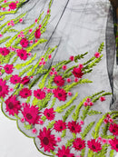 Fuchsia Sunflower Lace 3D Fabric - Black Mesh Sunflower Lace Design Sold By Yard