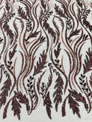 Brown Beaded Embroidered Fabric - Embroidered Heart and Feather Pattern Fabric Sold By Yard