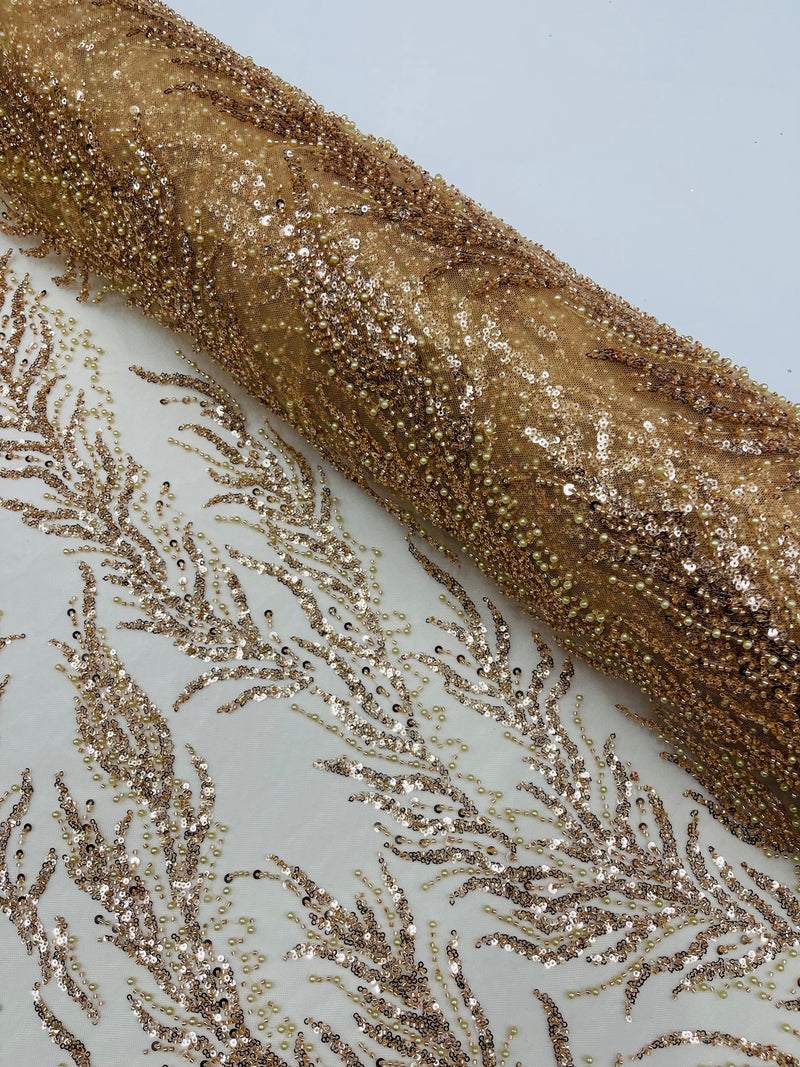 Skin Rose Gold Beaded Fabric by the yard, Bridal beaded, Damask Pattern With Beads and Sequin