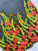 Red Sunflower Lace 3D Fabric - Black Mesh Sunflower Lace Design Sold By Yard