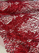 Red Sequins Lace Fabric On Nude Mesh, DAMASK Design Embroidered On a Mesh 4 way Stretch Sequin By The Yard -Prom-Gown ( Choose The Size )