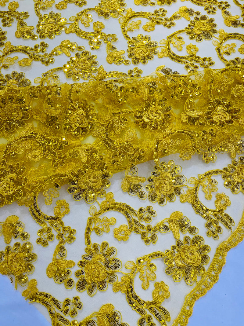 Corded Lace Flower Fabric - Yellow - Floral Design Embroidered Sequins on Mesh Lace Fabric