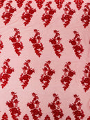 Red Beaded Fabric - Floral Beads and Sequins Embroidered on a Mesh Sold By Yard