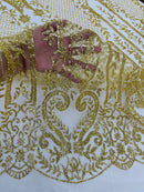 Gold Damask Design Glitter Fabric - Gold - Tulle Glitter Mesh Line Design Fabric Sold By Yard
