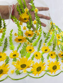 Yellow Sunflower Lace 3D Fabric - White Mesh Sunflower Lace Design Sold By Yard