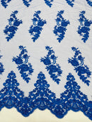 Royal Blue Beaded Fabric - Floral Beads and Sequins Embroidered on a Mesh Sold By Yard