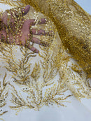 Gold Beaded Fabric by the yard, Bridal beaded, Damask Pattern With Beads and Sequin