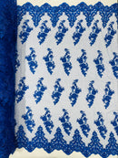 Royal Blue Beaded Fabric - Floral Beads and Sequins Embroidered on a Mesh Sold By Yard