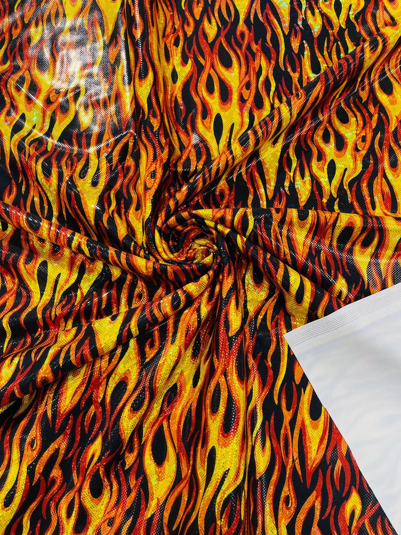 Holographic Fire Flame Spandex - Orange / Red - Poly Spandex Stretch Fire Flame Print Fabric By Yard