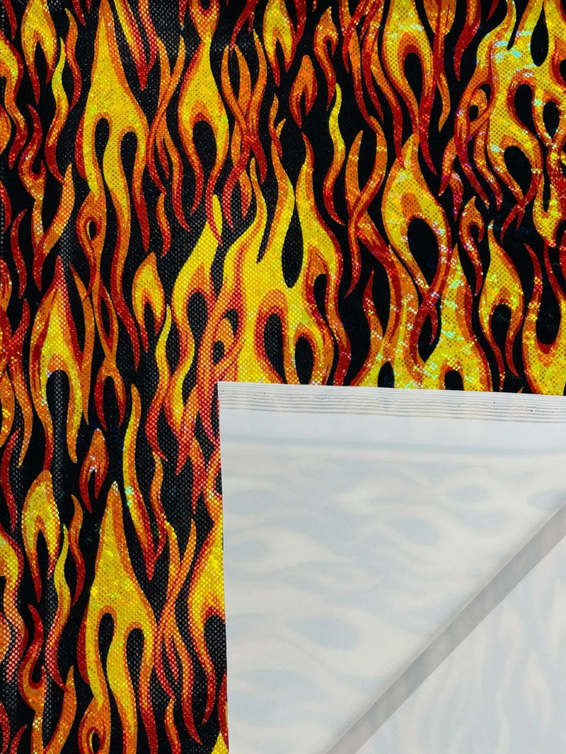 Holographic Fire Flame Spandex - Orange / Red - Poly Spandex Stretch Fire Flame Print Fabric By Yard