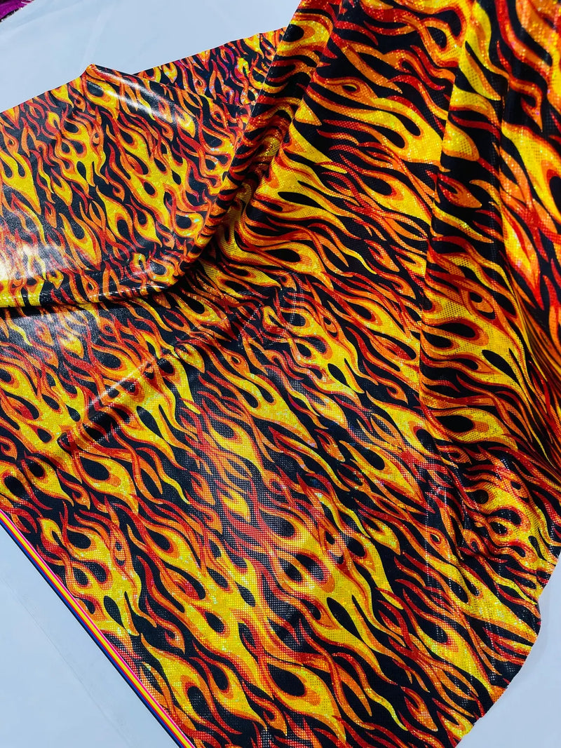 Holographic Fire Flame Spandex - Orange / Red - Poly Spandex Stretch Fire Flame Print Fabric By Yard