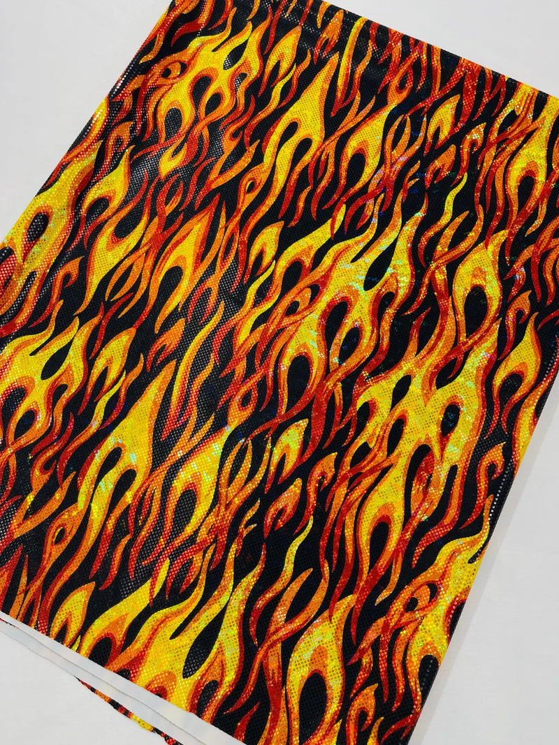 Holographic Fire Flame Spandex - Orange / Red - Poly Spandex Stretch Fire Flame Print Fabric By Yard