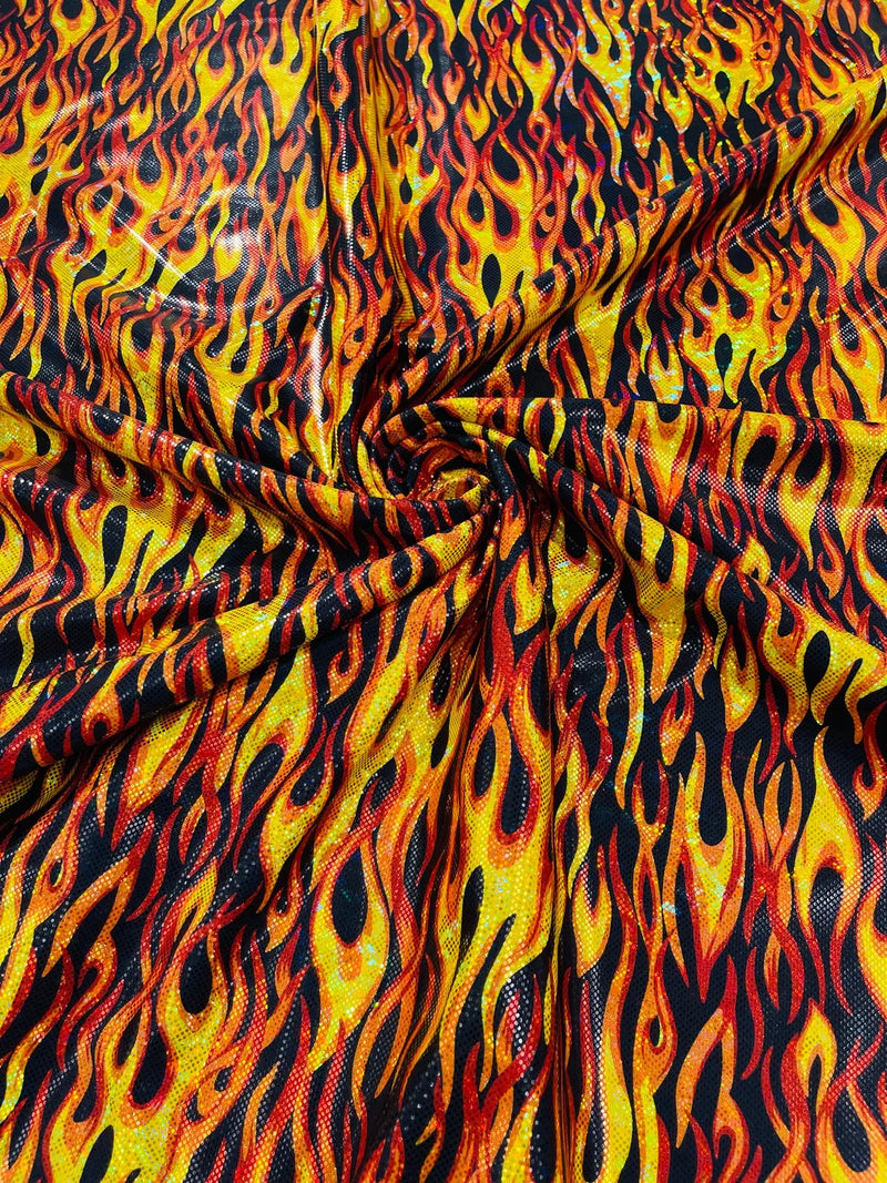 Holographic Fire Flame Spandex - Orange / Red - Poly Spandex Stretch Fire Flame Print Fabric By Yard