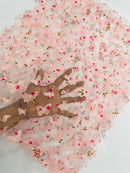 3D Butterfly Design - Floral Print Pink - Embroidered 3D Butterfly Design On Lace Mesh Fabric By Yard