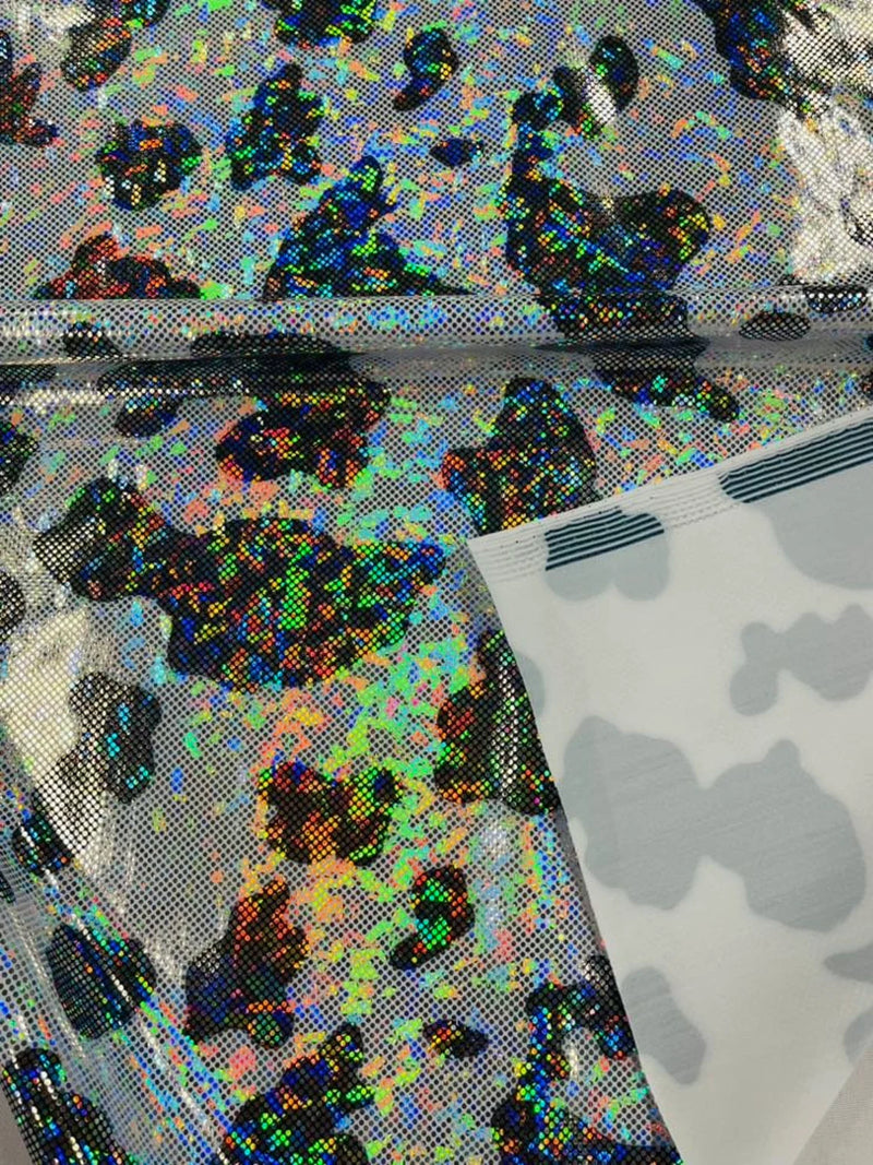 Spandex Cow Print Design - Black Iridescent Foil - Poly Spandex Fabric 4 Way Stretch - 60” Sold By Yard