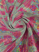 Spandex Cow Print Design - Hot Pink Iridescent Foil - Holographic Print Poly Spandex Fabric 4 Way Stretch - 60” Sold By Yard