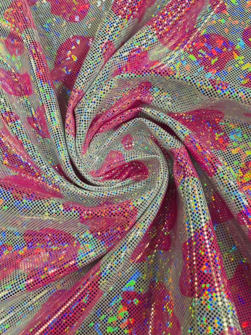 Spandex Cow Print Design - Hot Pink Iridescent Foil - Holographic Print Poly Spandex Fabric 4 Way Stretch - 60” Sold By Yard