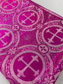 58/60" Cross Brocade Fabric - Fuchsia / Silver - Religious Church Vestment Cross Jacquard Fabric By Yard