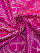 58/60" Cross Brocade Fabric - Fuchsia / Silver - Religious Church Vestment Cross Jacquard Fabric By Yard
