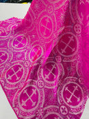 58/60" Cross Brocade Fabric - Fuchsia / Silver - Religious Church Vestment Cross Jacquard Fabric By Yard