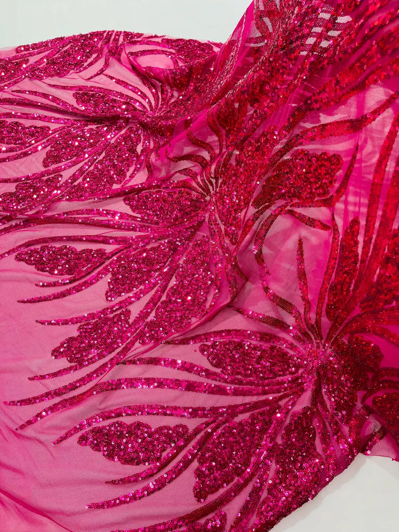 Wavy Leaf Design Fabric - Fuchsia - 4 Way Stretch Sequins Lace Mesh Leaf Design Fabric by Yard