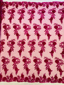 3D Floral Cluster with Border Lace - Fuchsia - Flower with Leaves Design 3D Fabrics Sold By Yard