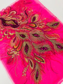Peacock Feathers Design Lace - Fuchsia - Embroidered Multi-Color Peacock Lace Fabric Sold by Panel