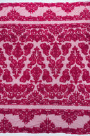 My Lady Beaded Fabric - Fuchsia - Damask Beaded Sequins Embroidered Fabric By Yard