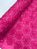 Sequins Satin Rosette Fabric - Fuchsia - 3D Satin Rose Sequins Floral Fabric Sold By The Yard
