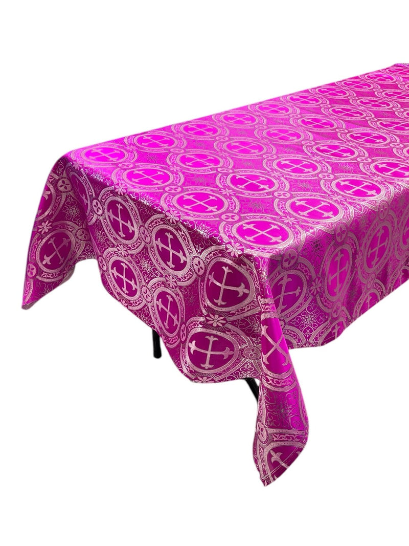 Cross Print Brocade Tablecloth - Jacquard Religious Print Church Fabric Table Covers