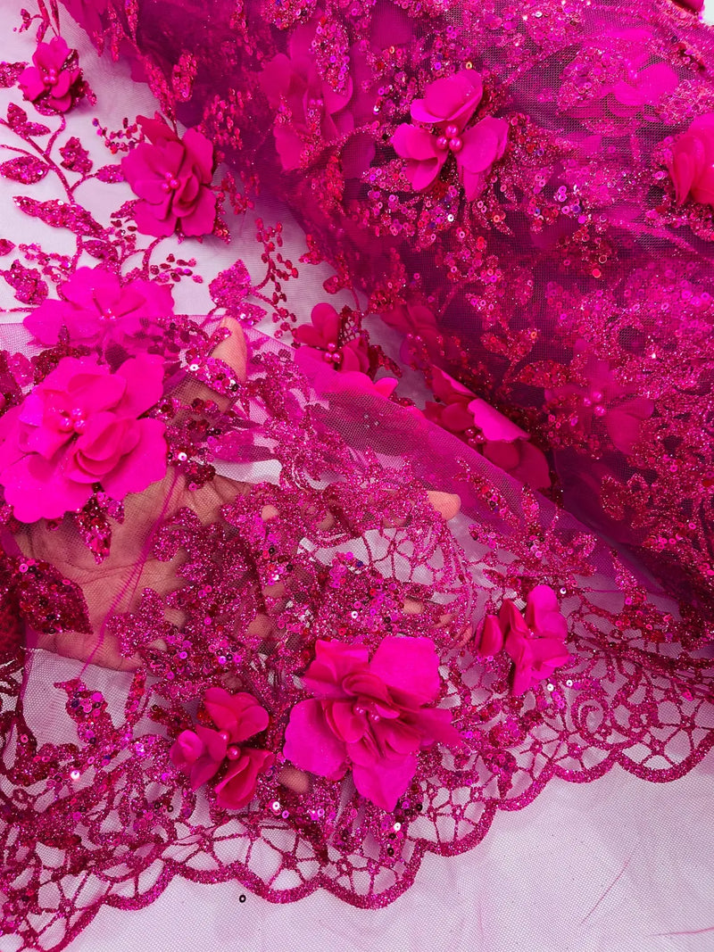 Big Flower 3D Glitter Fabric - Fuchsia - Embroidered Floral Sequins Design Fabric by Yard