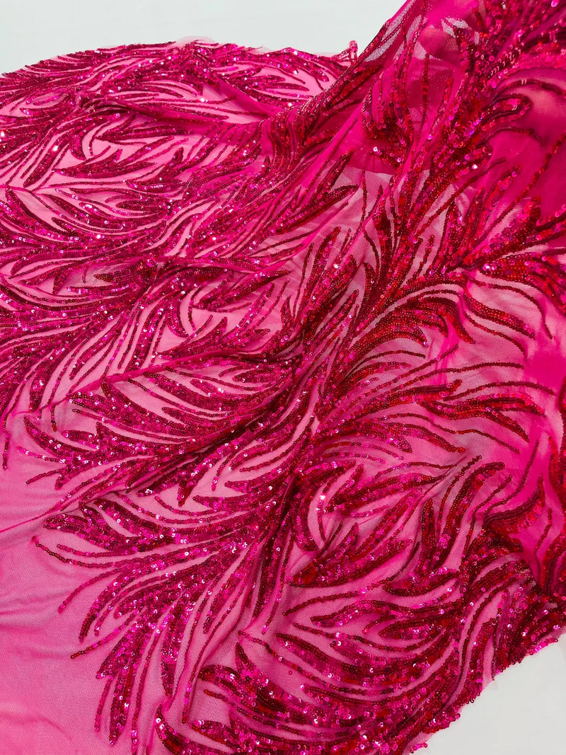 Leaf Stretch Sequins Fabric - Fuchsia - 4 Way Stretch Sequins on Lace Mesh Fabric by Yard