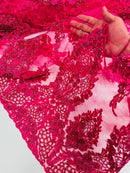 Beaded Floral Fabric - Fuchsia - Luxury Bridal Floral Pattern Fabric With Beads, Sequins Sold By Yard