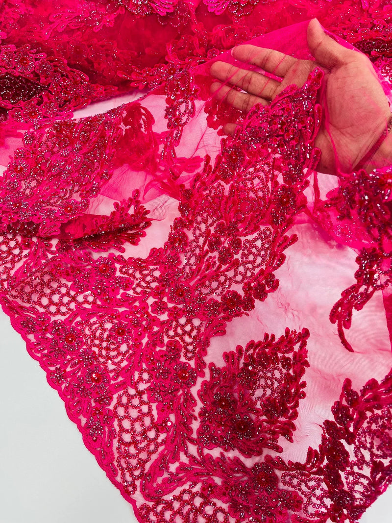 Beaded Floral Fabric - Fuchsia - Luxury Bridal Floral Pattern Fabric With Beads, Sequins Sold By Yard
