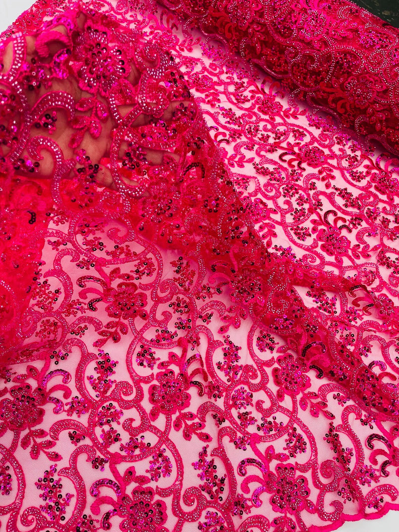 Embroidery Beaded Fabric - Fuchsia - Beaded Floral Bridal Embroidery Fabric Sold by the yard