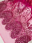 Beaded Embroidered Fabric - Fuchsia - Embroidered Heart and Feather Pattern Fabric Sold By Yard