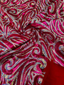 Tribal Swirl Design Spandex - Fuchsia - 4 Way Stretch Milliskin Holographic Fabric by Yard