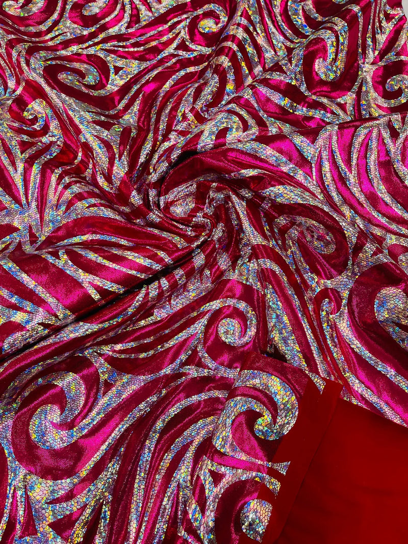 Tribal Swirl Design Spandex - Fuchsia - 4 Way Stretch Milliskin Holographic Fabric by Yard