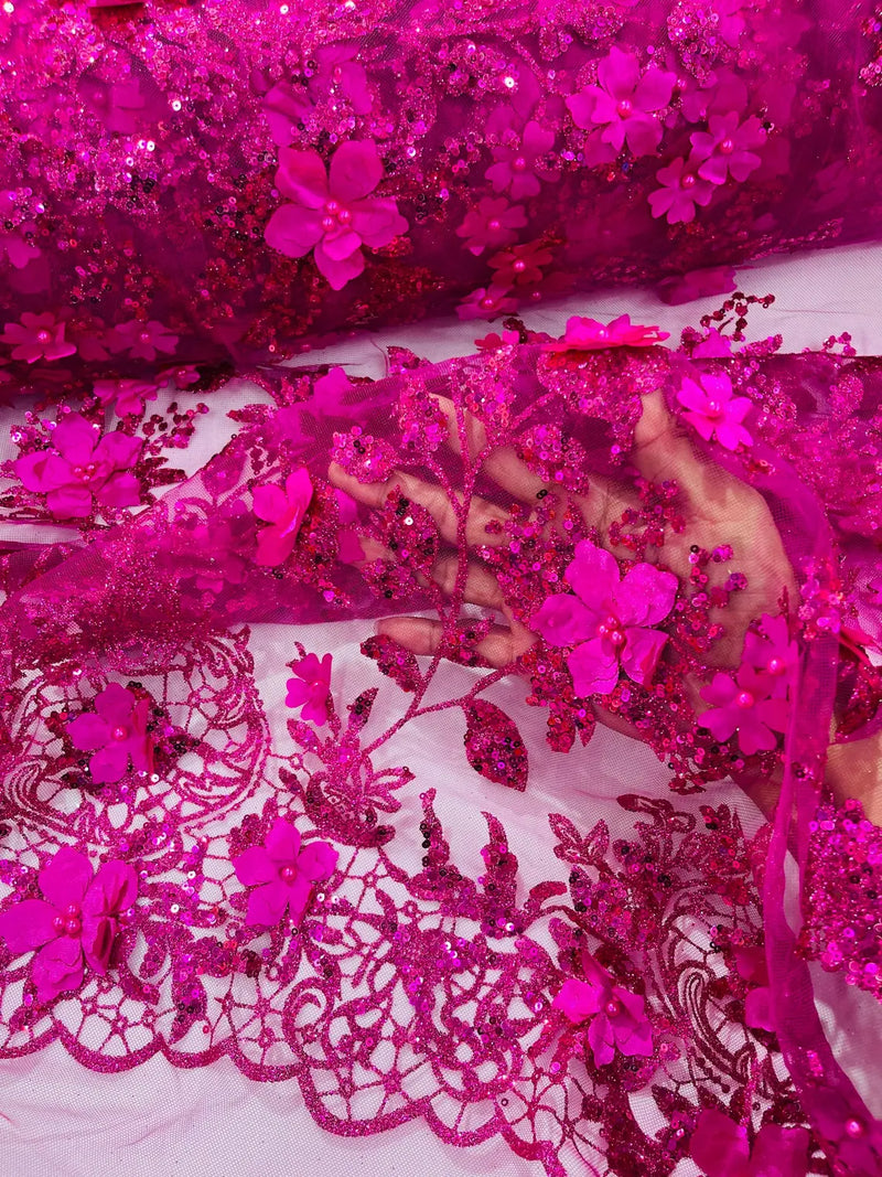 3D Glitter Floral Fabric - Fuchsia - Glitter Sequin Flower Design on Lace Mesh Fabric by Yard