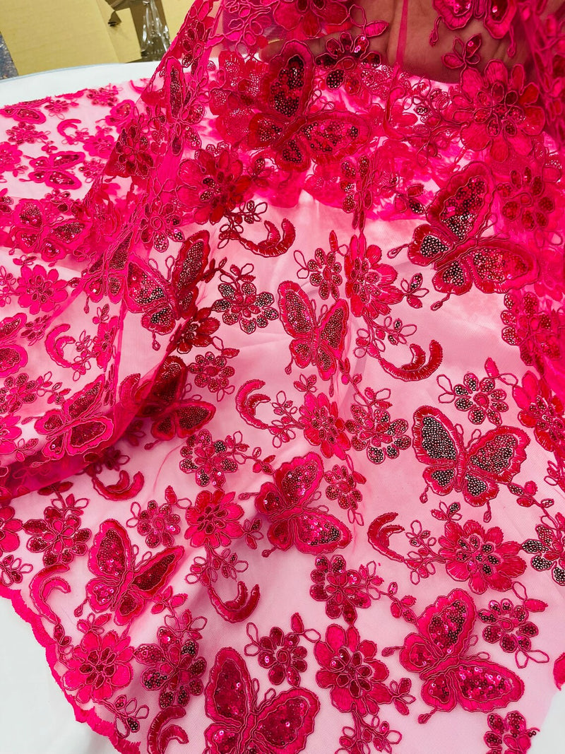 Butterfly Floral Lace Fabric - Fuchsia - Butterfly Flower Metallic Design on Lace Fabric By Yard