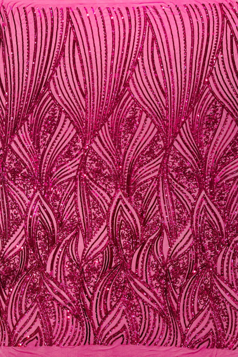 Curvy Design Sequins Fabric - Fuchsia - 4 Way Stretch Curvy Sequins Design Mesh Fabric by Yard